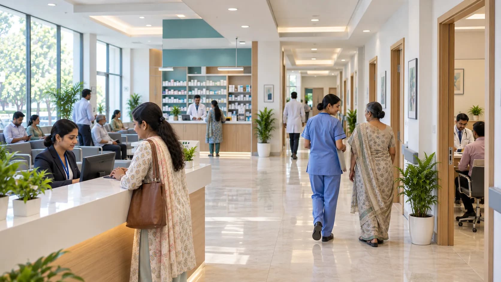 Reception, nursing and pharmacy staff at work in different parts of a hospital.